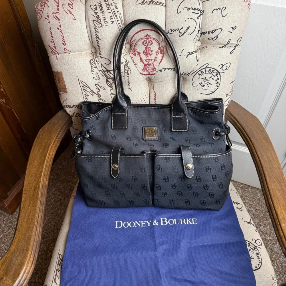 Dooney & Bourke Signature Monogram Canvas Tote Bag Black Leather Trim Pocket